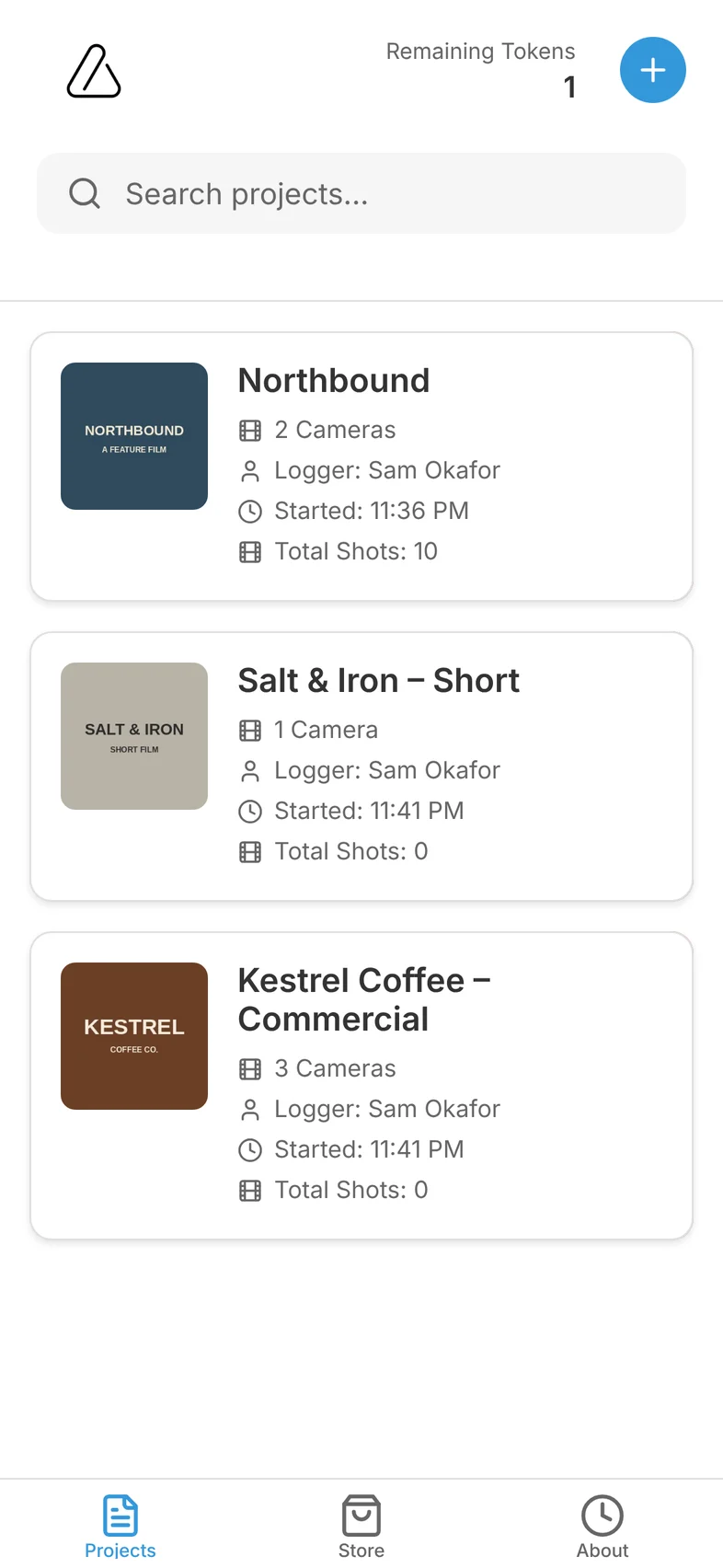 LogMe projects list showing three film projects